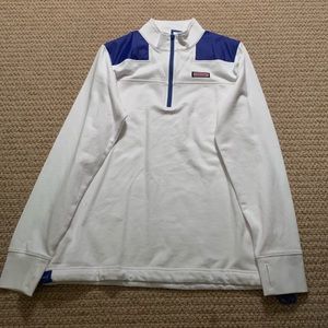 White and blue quarter zip.